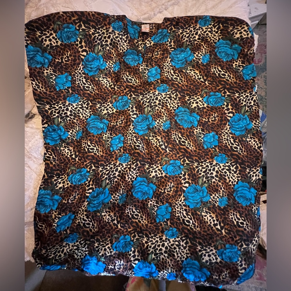 Chic Retro Campy Diva Leopard Print Caftan Swim Coverup with Blue Floral Design